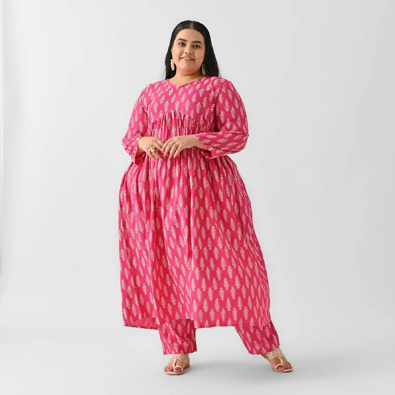 Pink Front Gathered Leaf Print Kurta Pant Set - SOM