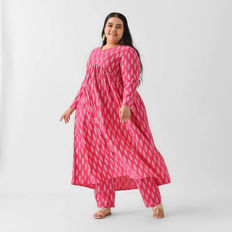 Pink Front Gathered Leaf Print Kurta Pant Set - SOM