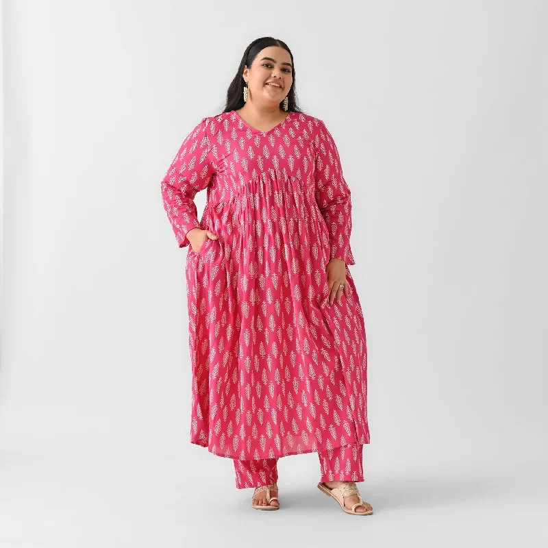 Pink Front Gathered Leaf Print Kurta Pant Set - SOM