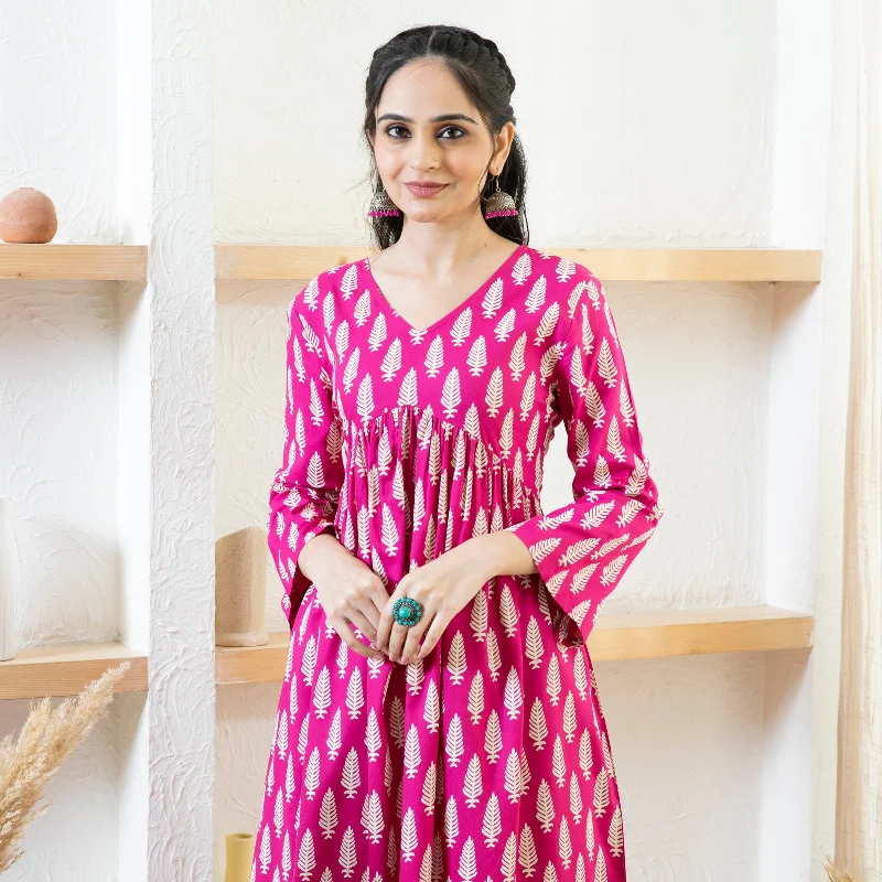 Pink Front Gathered Leaf Print Kurta Pant Co-ord Set