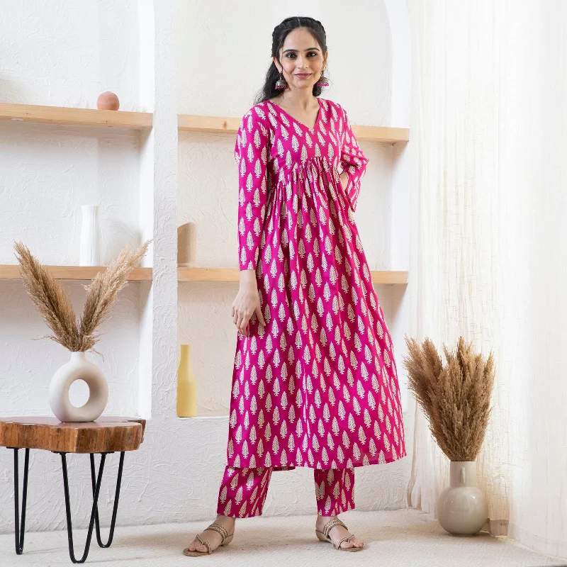 Pink Front Gathered Leaf Print Kurta Pant Co-ord Set