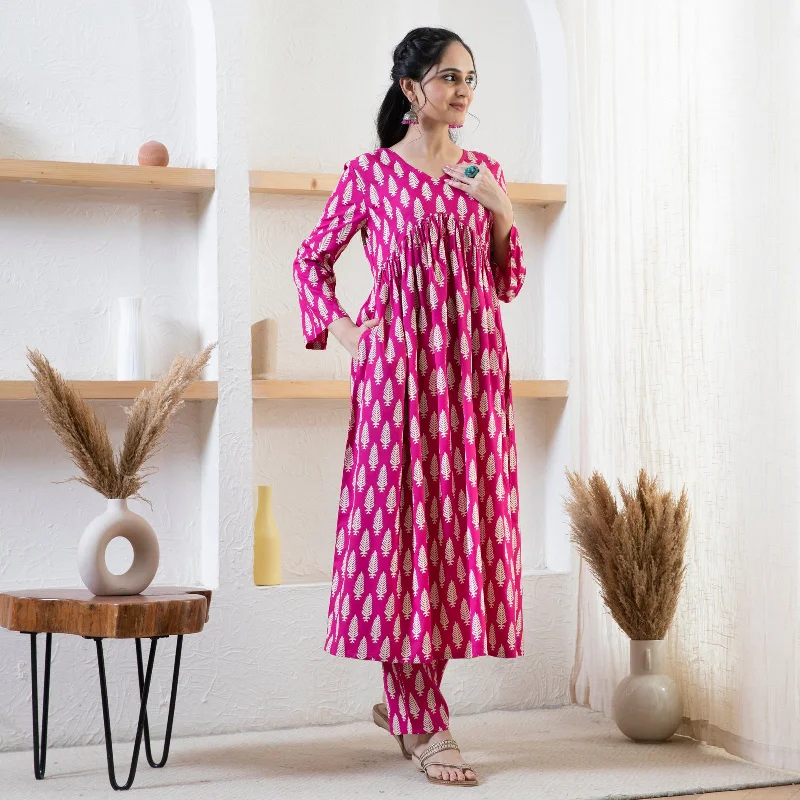 Pink Front Gathered Leaf Print Kurta Pant Co-ord Set