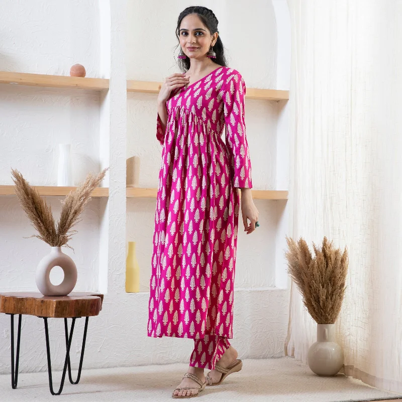 Pink Front Gathered Leaf Print Kurta Pant Co-ord Set