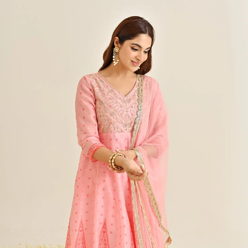 Pink Traditional Anarkali Set with Yoke Embroidery & Dupatta