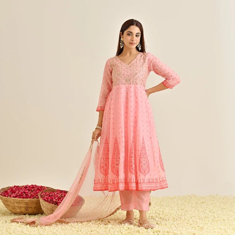 Pink Traditional Anarkali Set with Yoke Embroidery & Dupatta