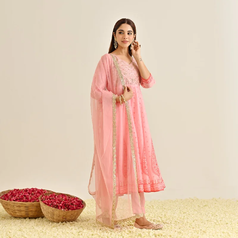 Pink Traditional Anarkali Set with Yoke Embroidery & Dupatta