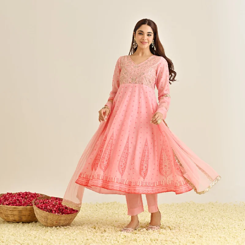 Pink Traditional Anarkali Set with Yoke Embroidery & Dupatta