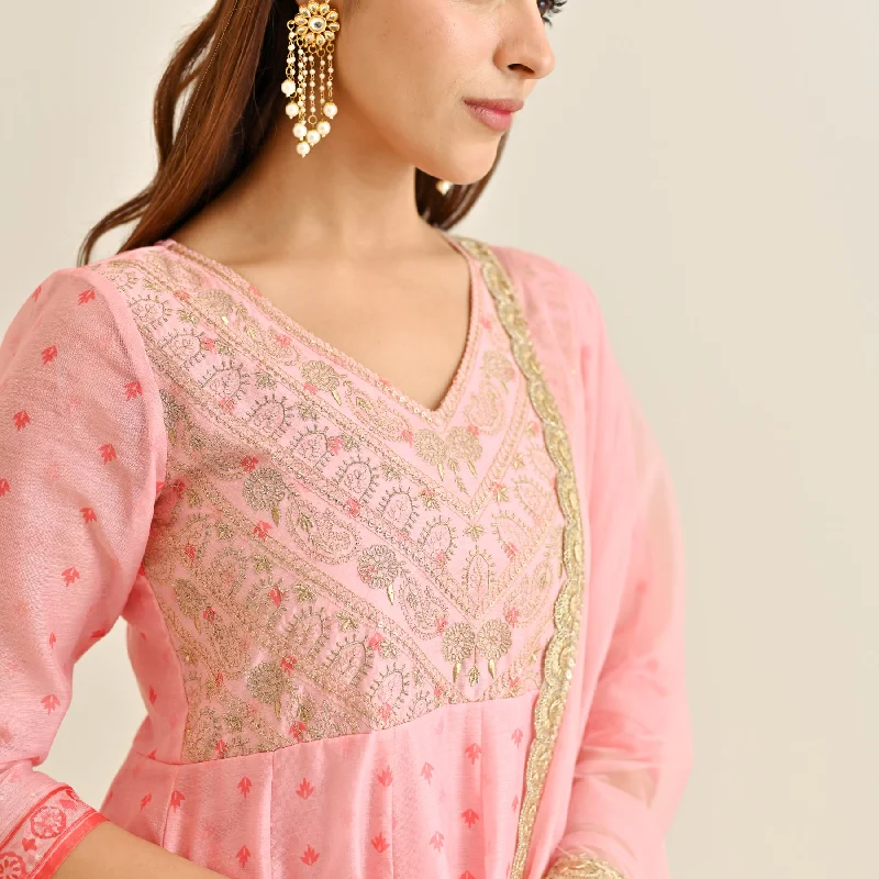 Pink Traditional Anarkali Set with Yoke Embroidery & Dupatta