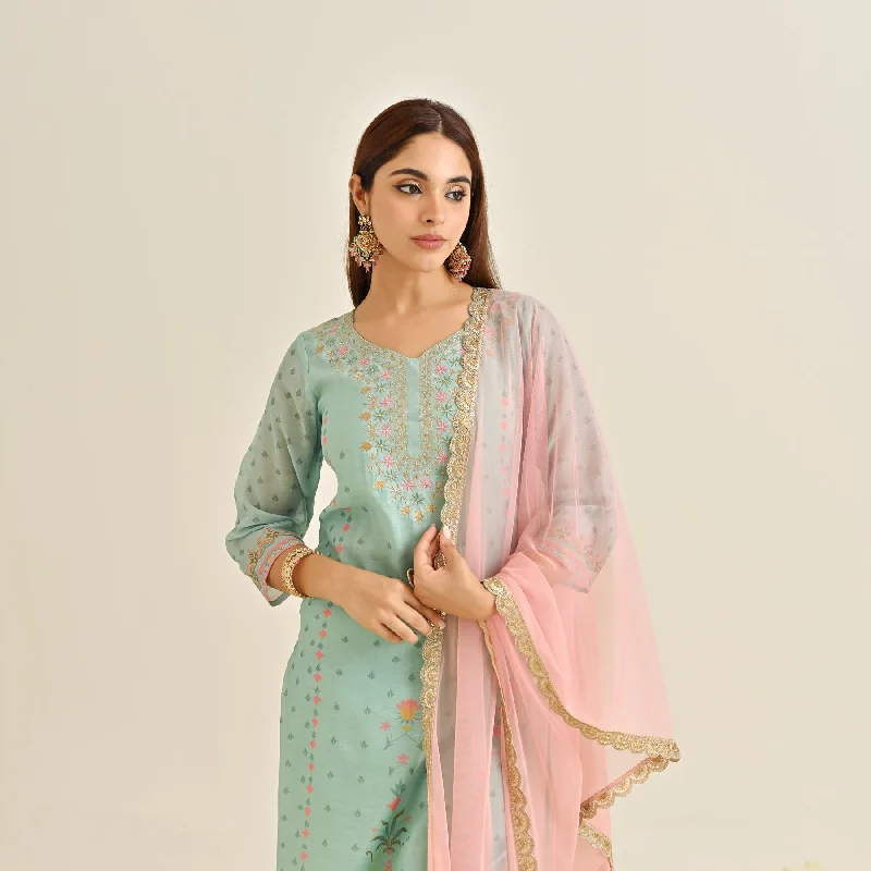 Powder Blue Floral Straight Kurta Set with Yoke Embroidery & Dupatta