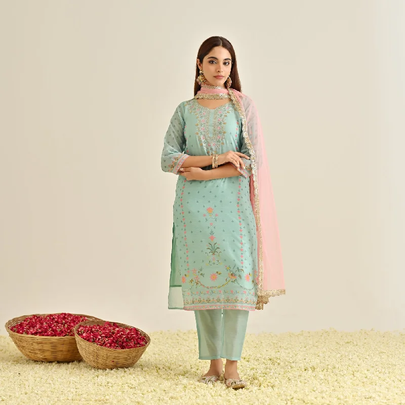 Powder Blue Floral Straight Kurta Set with Yoke Embroidery & Dupatta