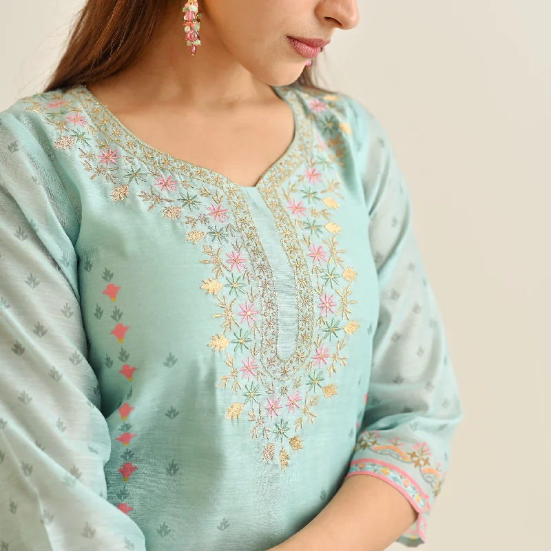 Powder Blue Floral Straight Kurta Set with Yoke Embroidery & Dupatta