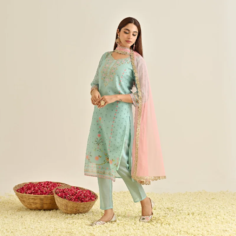 Powder Blue Floral Straight Kurta Set with Yoke Embroidery & Dupatta