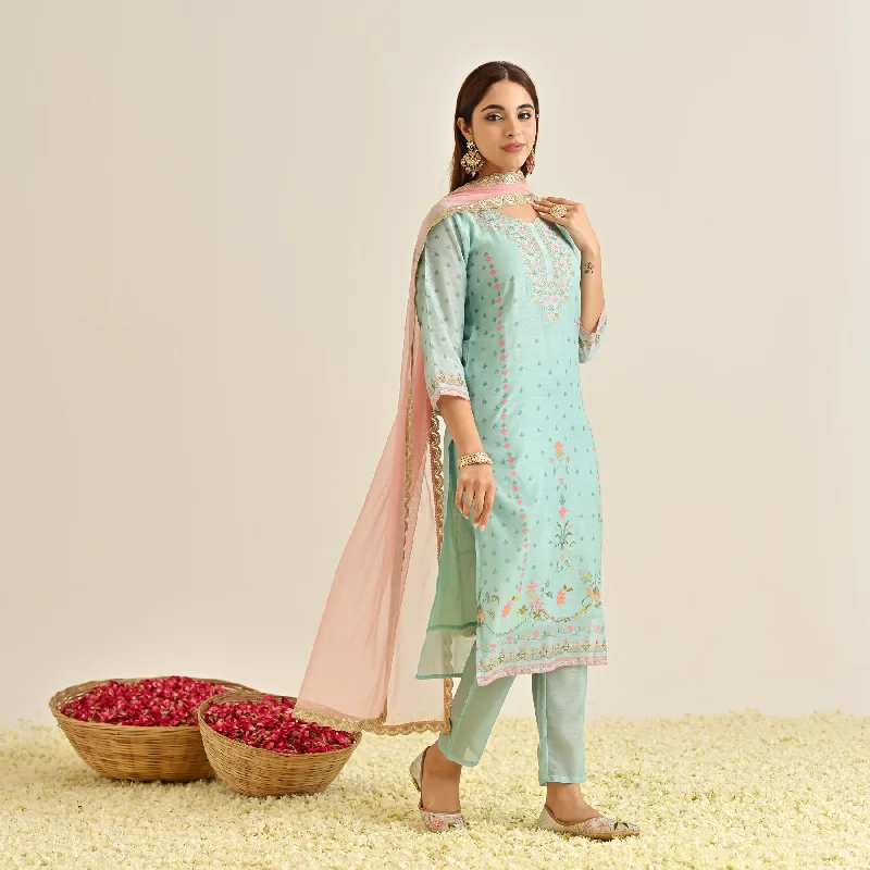 Powder Blue Floral Straight Kurta Set with Yoke Embroidery & Dupatta