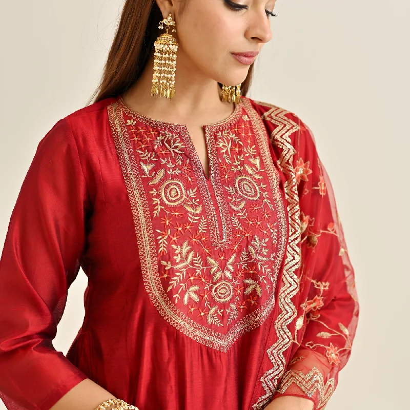 Red Festive Anarkali Set with Embroidered Dupatta & Yoke Detail