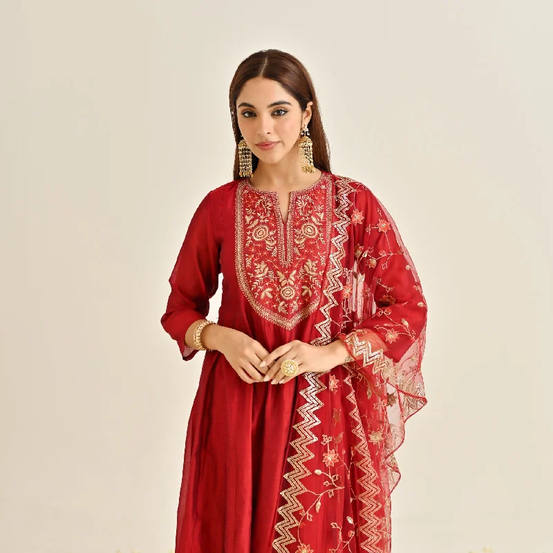 Red Festive Anarkali Set with Embroidered Dupatta & Yoke Detail