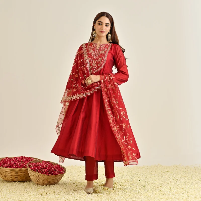 Red Festive Anarkali Set with Embroidered Dupatta & Yoke Detail