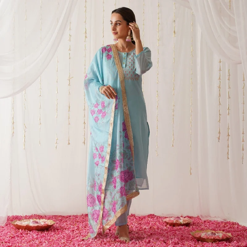 Sky Blue Embroidered Chanderi Kurta Set with Dupatta