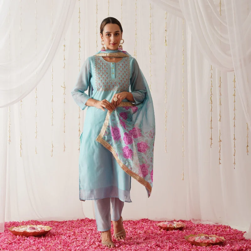 Sky Blue Embroidered Chanderi Kurta Set with Dupatta