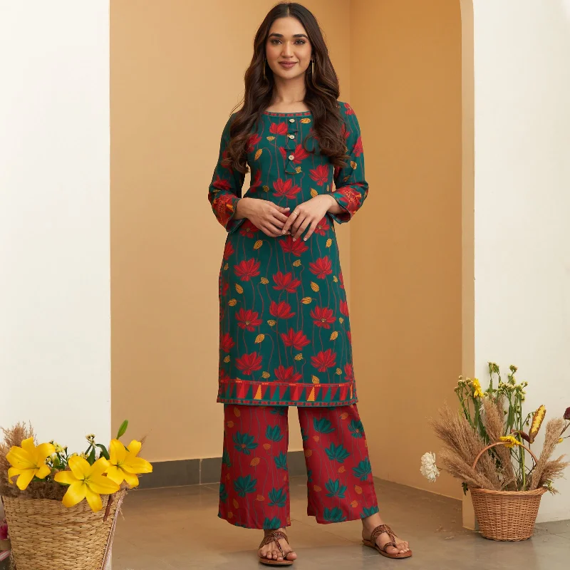 Turquoise Maroon Lotus Print Kurta Pant Co-ord Set