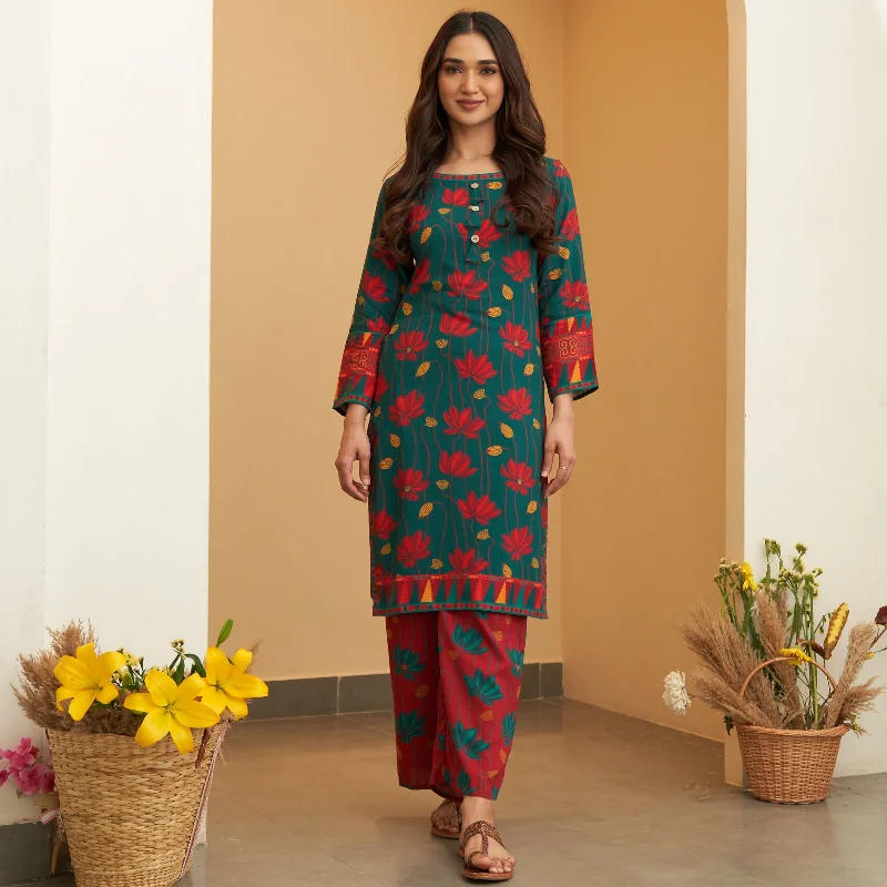 Turquoise Maroon Lotus Print Kurta Pant Co-ord Set