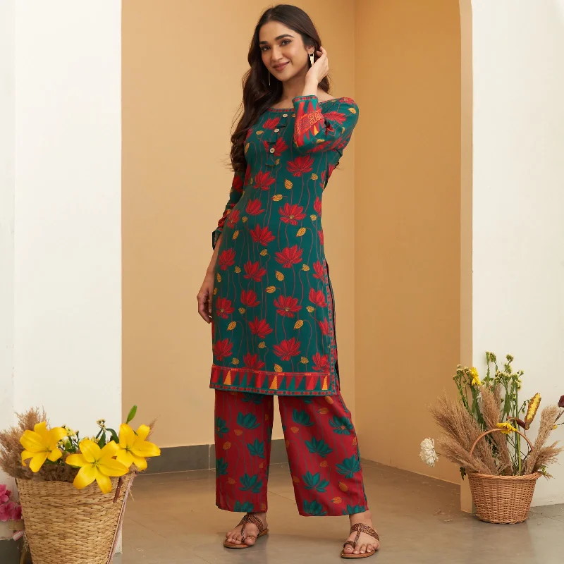 Turquoise Maroon Lotus Print Kurta Pant Co-ord Set