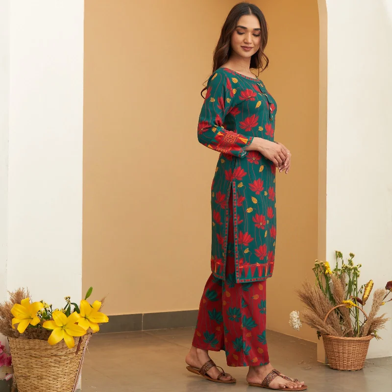 Turquoise Maroon Lotus Print Kurta Pant Co-ord Set