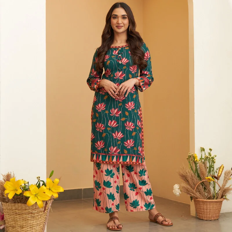 Turquoise Pink Lotus Print Kurta Pant Co-ord Set