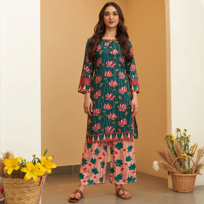 Turquoise Pink Lotus Print Kurta Pant Co-ord Set