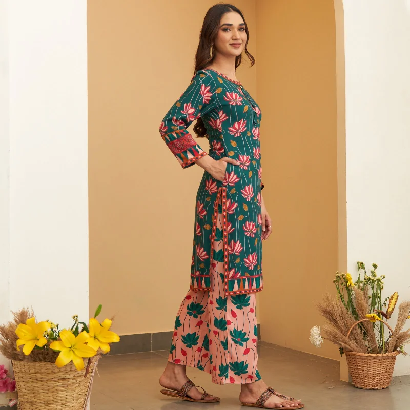 Turquoise Pink Lotus Print Kurta Pant Co-ord Set