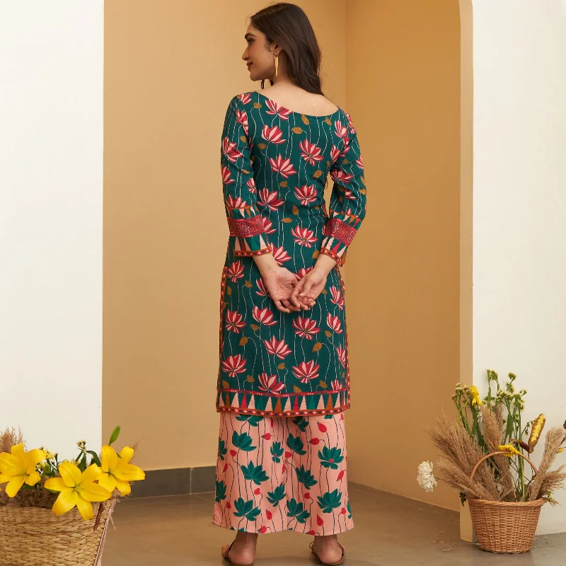 Turquoise Pink Lotus Print Kurta Pant Co-ord Set