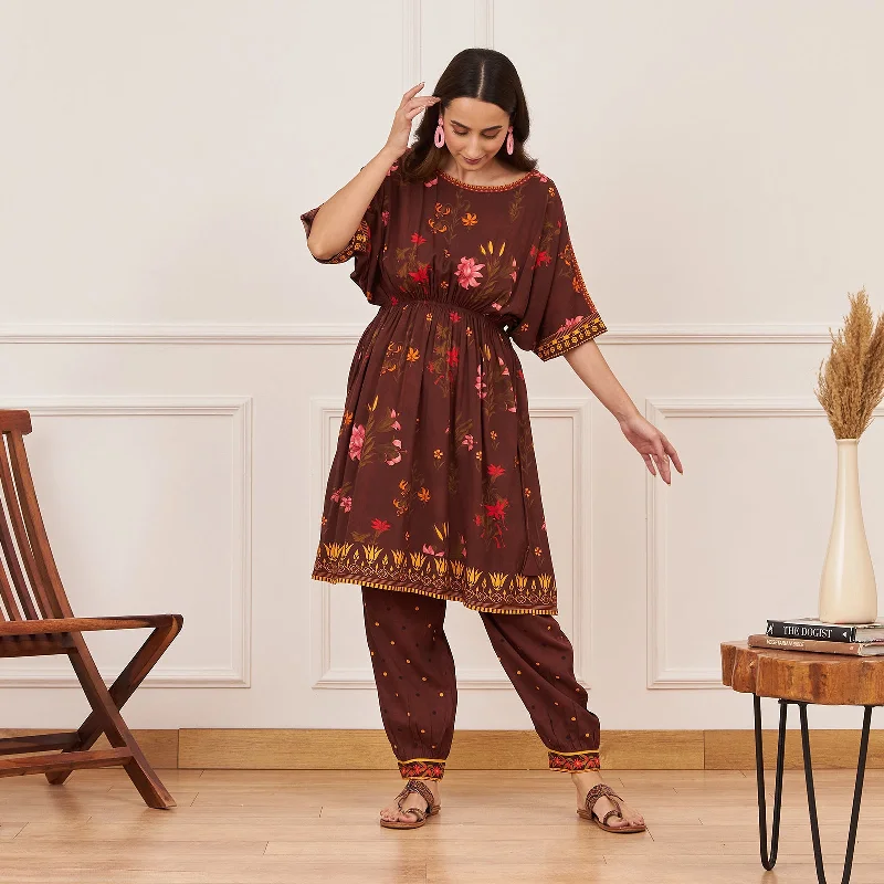 Brown Floral Drawstring Kurta Salwar Co ord Set