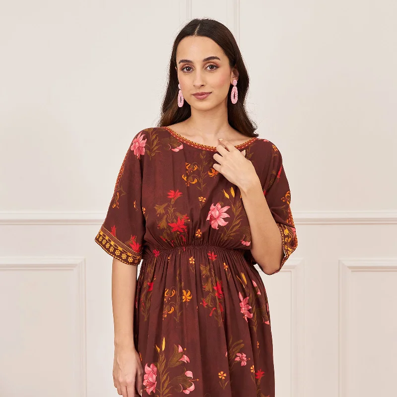 Brown Floral Drawstring Kurta Salwar Co ord Set