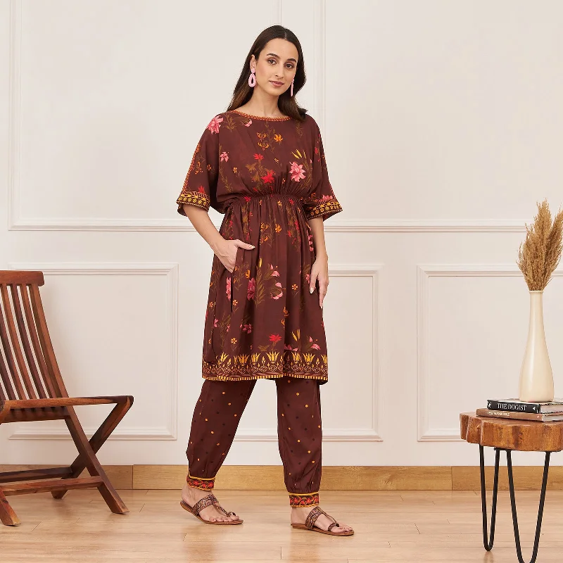 Brown Floral Drawstring Kurta Salwar Co ord Set