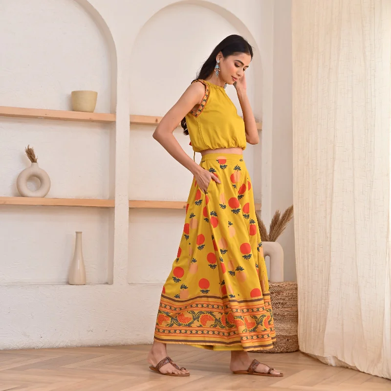 Yellow Crop Top Sharara Set with Foil Print