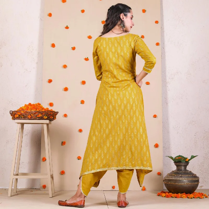 Yellow Gold Printed Dhoti & Asymmetric Kurta Set with Gota Details