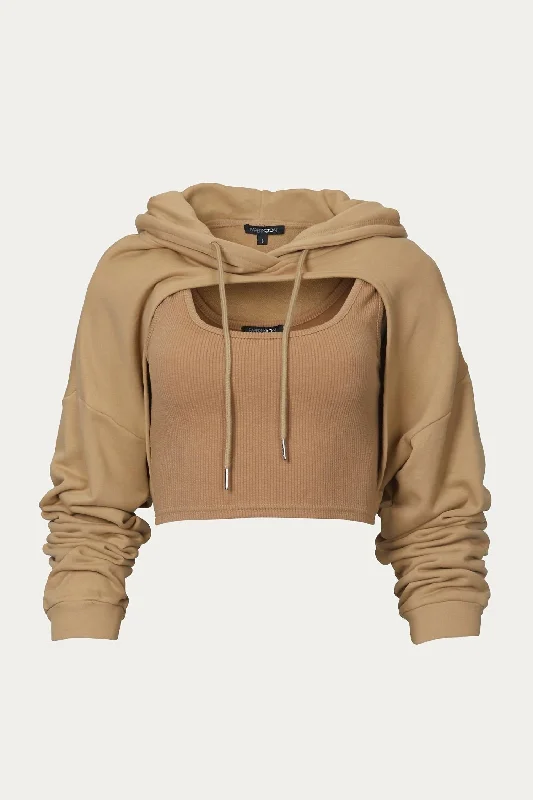 Fiona Opened-Front Cropped Hoodie Set In Taupe