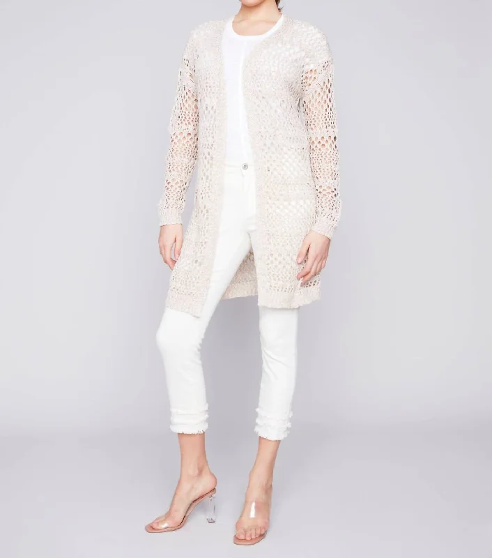 Long Knit Crochet Cardigan In Beige