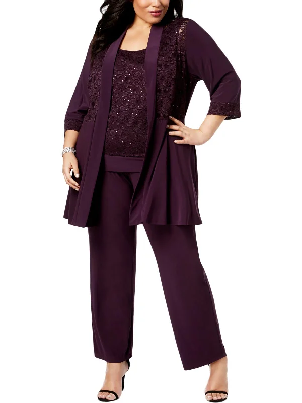 Plus Womens Embellished Lace Pant Suit