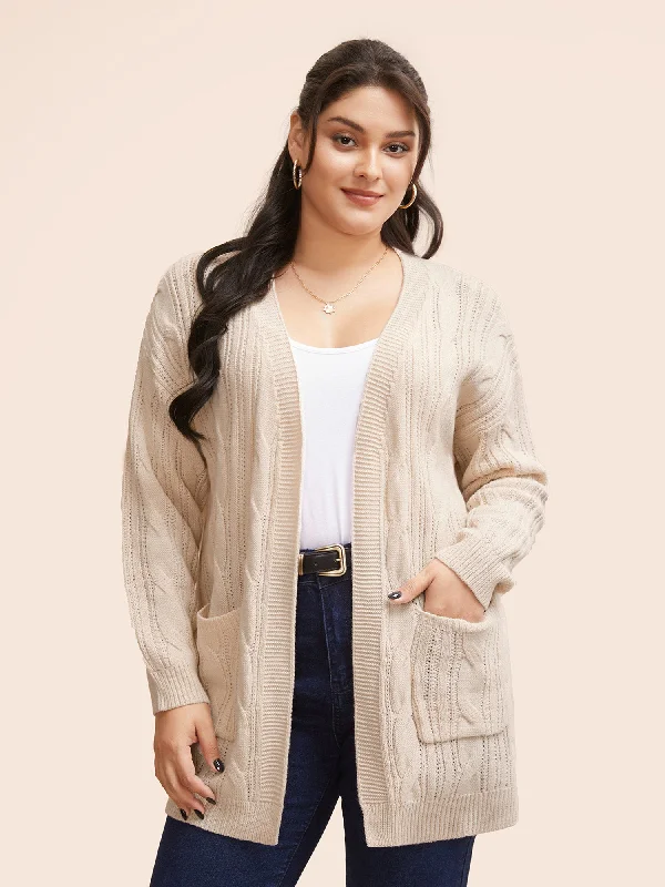 Cable Knit Drop Shoulder Patch Pocket Cardigan