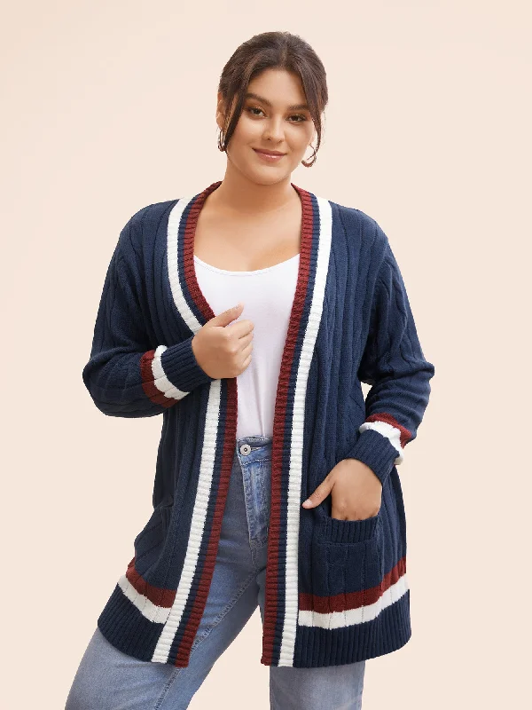 Contrast Striped Patch Pocket Cable Knit Cardigan