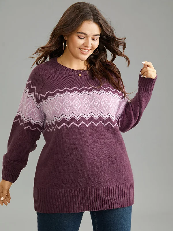 Geo Raglan Sleeve Elastic Hem Pullover