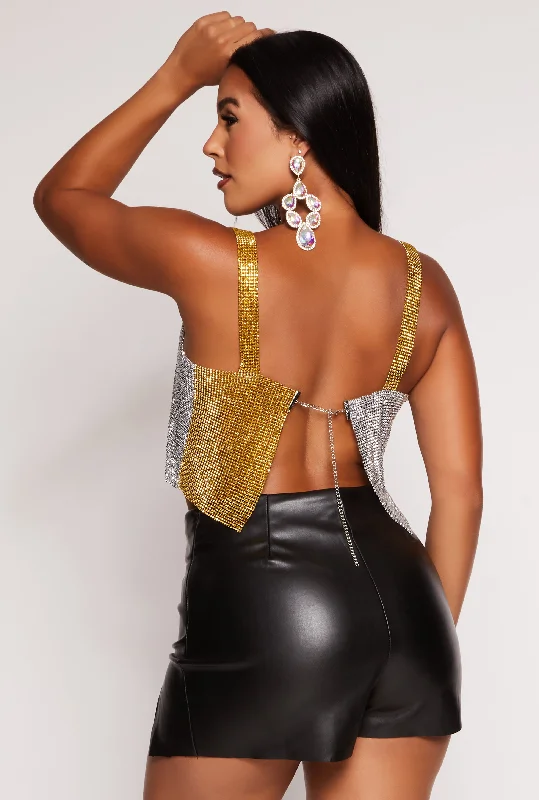 Metallic Rhinestone Cowl Neck Cropped Tank Top