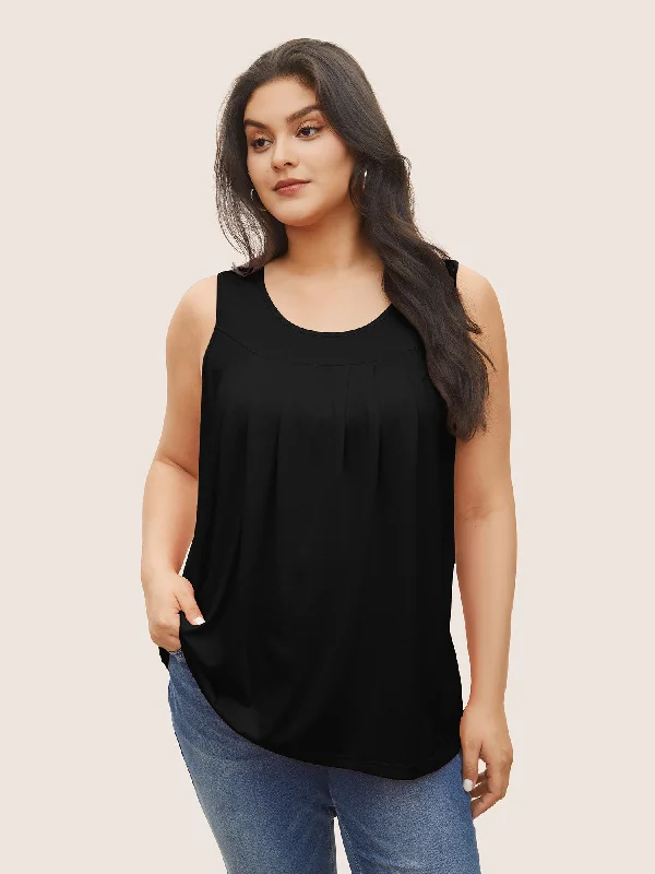 Plain Round Neck Plicated Detail Tank Top