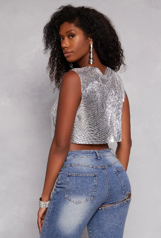 Metallic Cowl Neck Crop Top