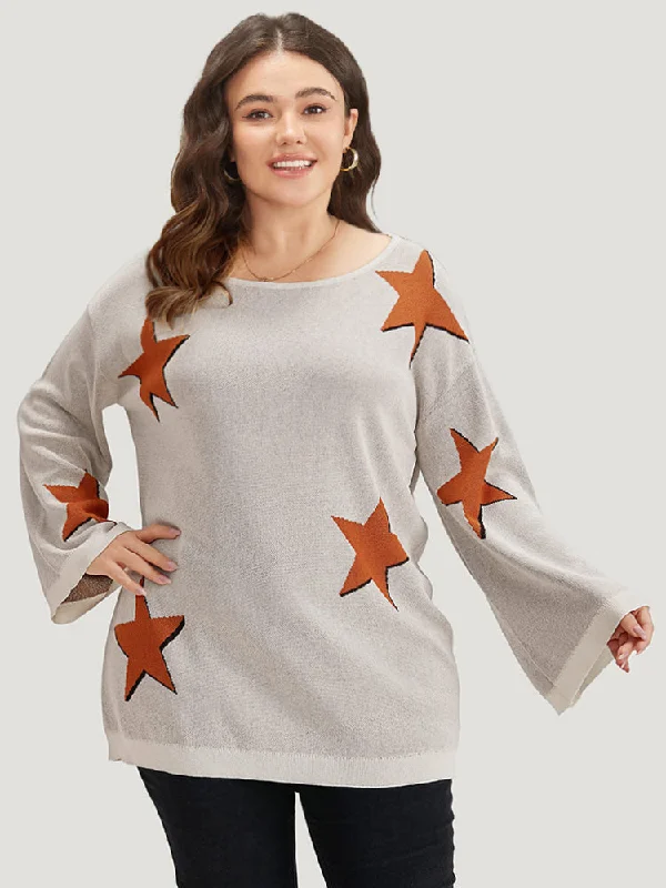 Stars Crew Neck Drop Shoulder Bell Sleeve Pullover