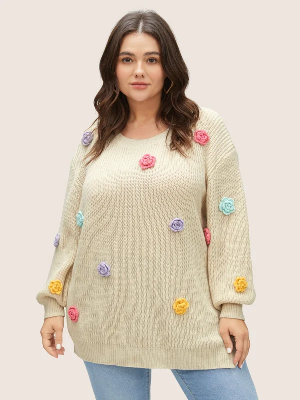 Stereo Flower Design Split Hem Pullover